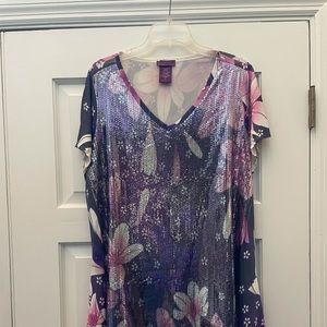 Beverly Drive Long, Sequined Floral Tunic Top 1X